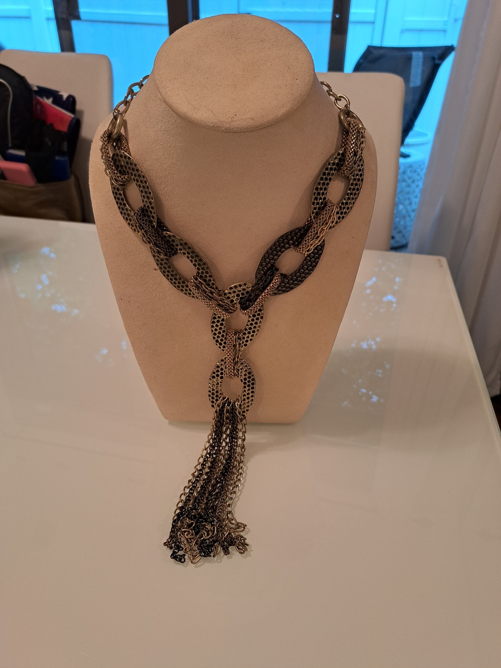 Statement Two-Tone Chain Link Tassel Necklace - Black & Gold
